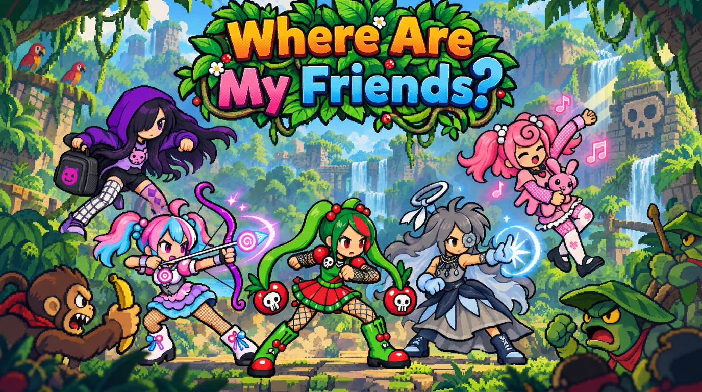 The five heroines of Onde Estão Meus Amigos? in a pixel-art jungle