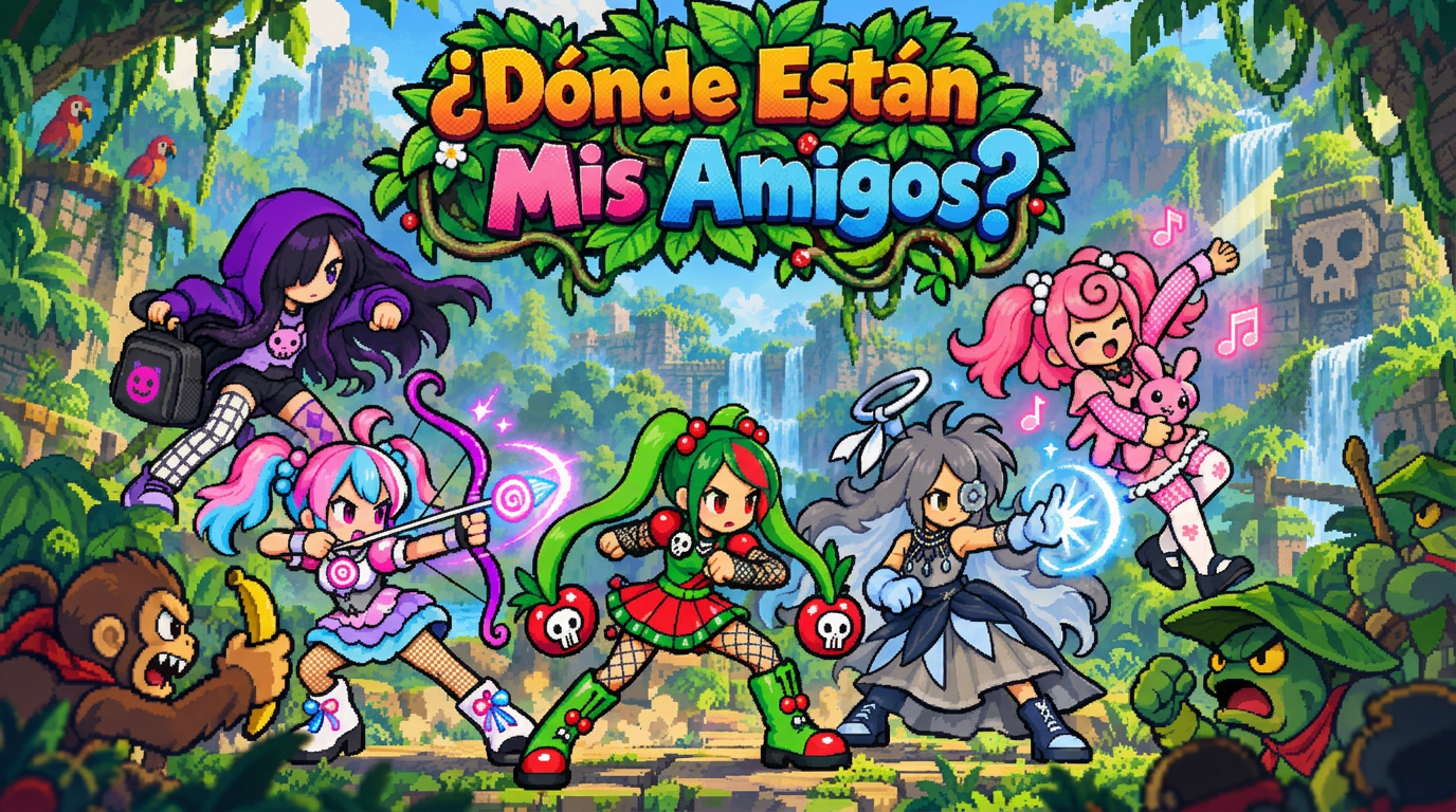 Las cinco heroínas de Onde Estão Meus Amigos? en una selva en pixel art